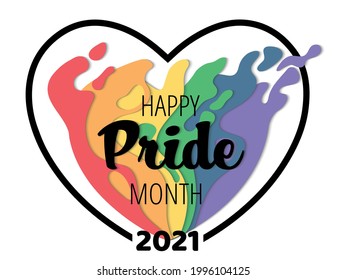 Pride month 2021 logo with rainbow paper cut heart. Pride symbol with heart, LGBT, sexual minorities, gays and lesbians. LGBTQ community and movement of sexual minorities.