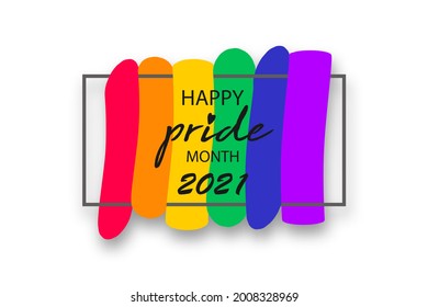 Pride month 2021 logo with rainbow flag. Banner Pride symbol with heart, LGBT, sexual minorities, gays and lesbians. Background Love is love. Template designer sign, icon colorful rainbow isolated 