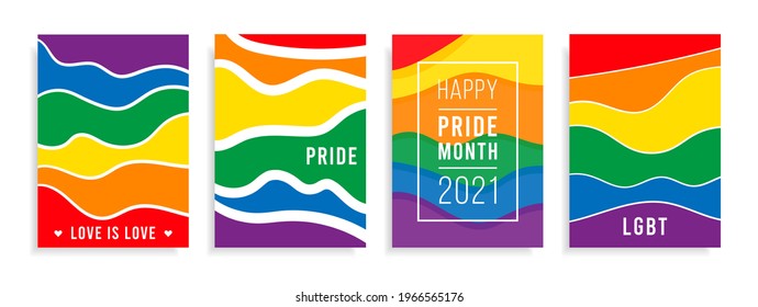 Pride month 2022 logo card with flag background.Banner Love is love.Rainbow Pride symbol,LGBT,sexual minorities,gays and lesbians.Designer sign,logo,icon:colorful rainbow on a white background.Vector
