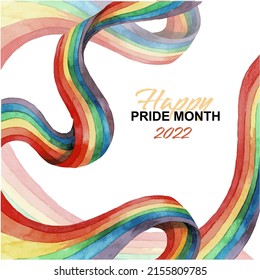 Pride month 2022 logo card with rainbow flag. Pride symbol of LGBT community. Happy pride month card. Love, freedom, support