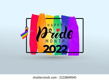 Pride month 2022 logo with rainbow flag. Pride symbol with heart, LGBT, sexual minorities, gays and lesbians. Banner Love is love. Template designer sign, icon colorful brush strockes rainbow.