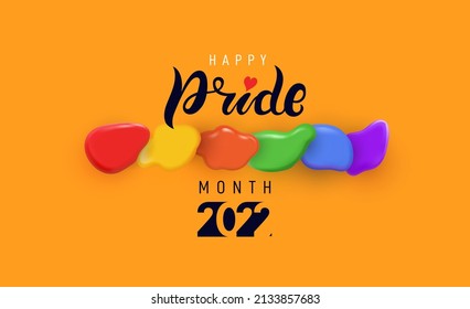 Pride month 2022 logo with rainbow spotted flag. Pride symbol with heart, LGBT, sexual minorities, gays and lesbians. Banner Love is love. Template designer sign, icon colorful brush strockes rainbow.