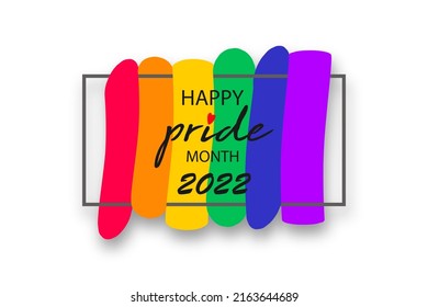 Pride month 2022 logo with rainbow flag. Banner Pride symbol with heart, LGBT, sexual minorities, gays an lesbians. Background Love is love. Template designer sign, icon colorful rainbow isolated 