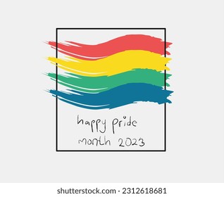 Pride month 2023 logo with rainbow flag. Pride symbol, LGBT, sexual minorities, gays, bisexuality, and lesbians. Banner Love is love. Template designer sign, icon colorful brush strockes rainbow.