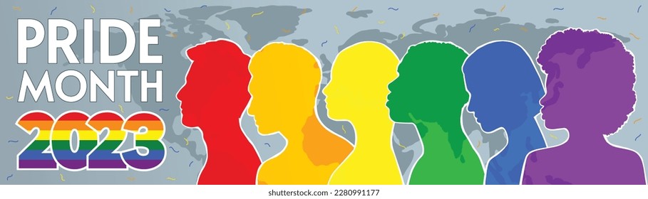 Pride month 2023 long banner. People from different ethnic groups in rainbow-colored clothes are against the map. LGBT community. Human rights. LGBTQ. Flat vector modern illustration. 