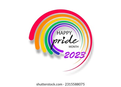 Logo de la ronda del mes del orgullo 2023 con bandera arcoiris. Símbolo del Orgullo Gay, LGBT, minorías sexuales, gays y lesbianas. El amor de fondo es amor. Signo de diseñador de plantillas, icono arco iris colorido aislado en blanco