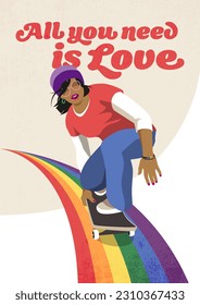 Pride Month 2023, skater girl vector illustration in rainbow colors for LGBTQ community celebrations, diversity, equality, gay, lesbian, transgender, queer,  bisexual, transsexual, typography, poster