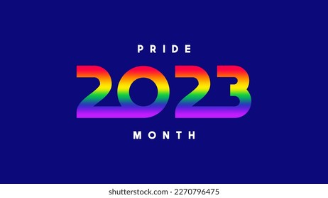 Pride Month 2023 symbol template. Vector symbol of LGBTQ event 2023 with rainbow gradient numbers isolated on dark blue background. Human rights and tolerance concept.