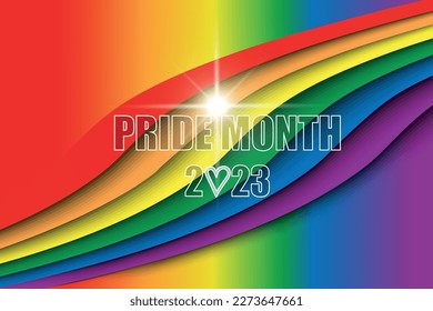 Pride Month 2023 Text. 3D abstract Wave rainbow LGBT spectrum flag background. Paper cut design. Waves of rainbow colors web banner template. Pride Month vector illustration