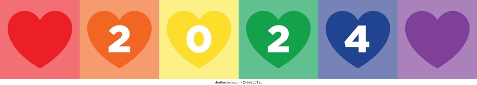 Pride Month 2024 banner with the colours of the LGBTIQ+ flag and the year 2024 written on hearts