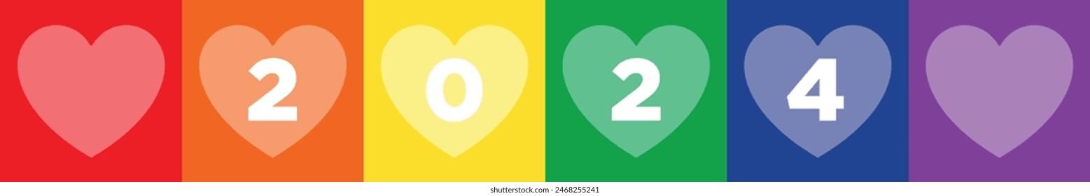 Pride Month 2024 banner with the colours of the LGBTIQ+ flag and the year 2024 written on hearts