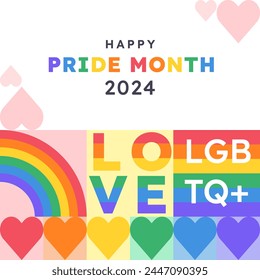 Pride Month 2024 banner, greeting card, poster, cover. LGBT colorful rainbow concept. Trendy minimalist geometric background. LGBTQ community flag. Vector social media template.