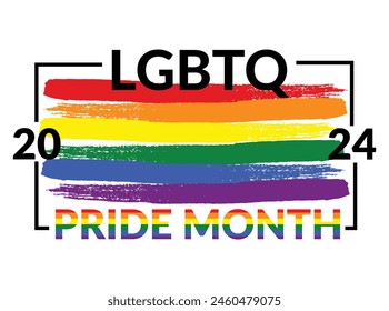 Pride Month 2024 logo card with flag. Pride Month respects and supports the diversity of LGBTQ genders Pride Month: designer sign, logo, icon, and colorful rainbow on a white background.