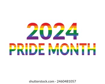 Pride Month 2024 logo card with flag. Pride Month respects and supports the diversity of LGBTQ genders Pride Month: designer sign, logo, icon, and colorful rainbow on a white background.