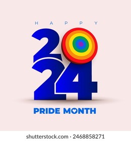 Pride month 2024 logo with rainbow flag. Pride symbol with heart, LGBT, sexual minorities, gays and lesbians. Banner Love is love. Template designer icon, sign colorful brush strockes rainbow.