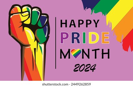 pride month 2024 . poster happy pride month fist with lgbtq+ colors and pink background.