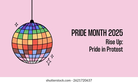 Pride month 2025 banner with theme text and color disco ball vector illustration. Poster to celebrate lgbtqia+ community rights.