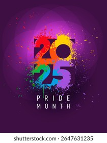 Conceito do mês do orgulho de 2025. Design de fundo colorido do arco-íris da tinta do splash. Bandeira do arco-íris da liberdade, evento anual de verão do desfile gay. Modelo de design LGBTQ para folheto, banner, cartão, cartaz, mídias sociais.