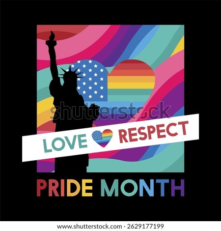 Pride Month 2025 Concept Design. LGBTQ+ Pride Month art featuring American flag heart, liberty statue, dynamic wave rainbow background. Best for Pride Month celebration in USA