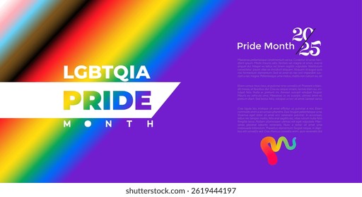 Pride Month 2025 text on rainbow gradient background. Human rights or diversity concept. LGBT event banner, poster, social media design. Happy Pride Month 2025 vector illustration.