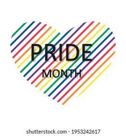 Plantilla de banner abstracto del mes del orgullo. Comunidad LGBTQIA. Corazón arcoiris con texto. Aislado en blanco.