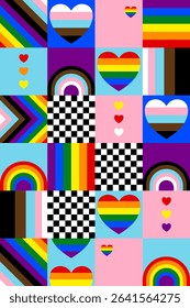 Pride month background. Abstract pride festival. Colorful pride pattern. Celebrate equality, people, loves, heart and lgbtq. Fun design with elements. Wallpaper, banner, poster, postcard, rainbow.