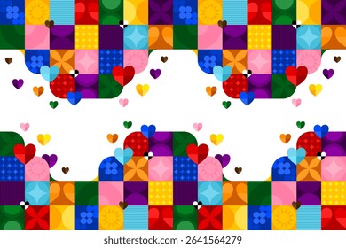 Pride month background. Abstract pride festival. Colorful pride pattern. Celebrate equality, people, loves, heart and lgbtq. Fun design with elements. Wallpaper, banner, poster, postcard, rainbow.