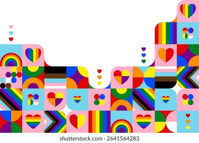 Pride month background. Abstract pride festival. Colorful pride pattern. Celebrate equality, people, loves, heart and lgbtq. Fun design with elements. Wallpaper, banner, poster, postcard, rainbow.