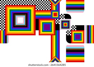 Pride month background. Abstract pride festival. Colorful pride pattern. Celebrate equality, people, loves, heart and lgbtq. Fun design with elements. Wallpaper, banner, poster, postcard, rainbow.