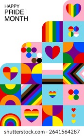 Pride month background. Abstract pride festival. Colorful pride pattern. Celebrate equality, people, loves, heart and lgbtq. Fun design with elements. Wallpaper, banner, poster, postcard, rainbow.