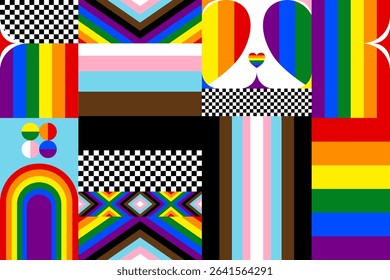 Pride month background. Abstract pride festival. Colorful pride pattern. Celebrate equality, people, loves, heart and lgbtq. Fun design with elements. Wallpaper, banner, poster, postcard, rainbow.