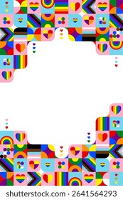 Pride month background. Abstract pride festival. Colorful pride pattern. Celebrate equality, people, loves, heart and lgbtq. Fun design with elements. Wallpaper, banner, poster, postcard, rainbow.