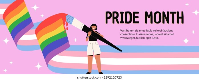 Pride month background with character painting rainbow and transgender flag. LGBT symbol, tolerance concept. Poster template with copy space for text Vector illustration