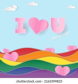 Pride month background concept, design with colorful wave, paper heart, and text. Paper art style.