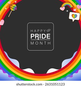 Pride month background frame design with round shape rainbow border in vector style
