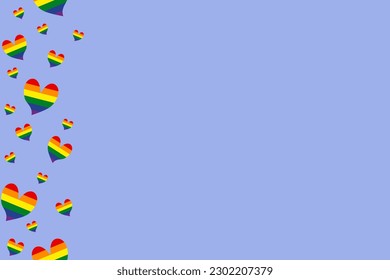 Pride month background LGBTQ Pride Flag Colours. Vector banner with rainbow heart. Symbol of pride month June support. Copy space, heart confetti.