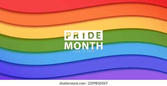 Pride Month background in wave paper style. Rainbow background. Vector illustration.