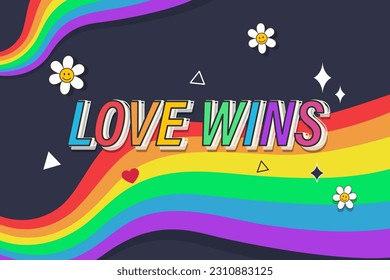 Pride month background with wavy rainbow and love wins text 