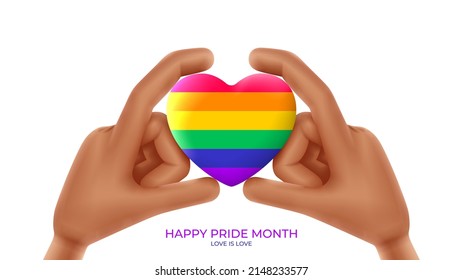 Pride month banner with 3d cartoon hands and heart. 3d cartoon black hands hold rainbow heart. LGBT vector illustration. Symbol of pride month isolated on white background.