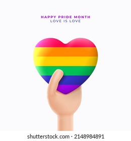 Pride month banner with 3d cartoon hand. 3d cartoon hand holds rainbow heart. LGBT vector illustration. Symbol of pride month isolated on white background.
