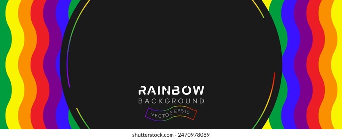 Pride month banner background with empty frame copy space and wavy rainbow color at borders, vector design