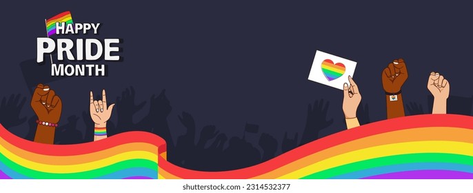 Pride month banner background with hands and wavy rainbow flag vector design