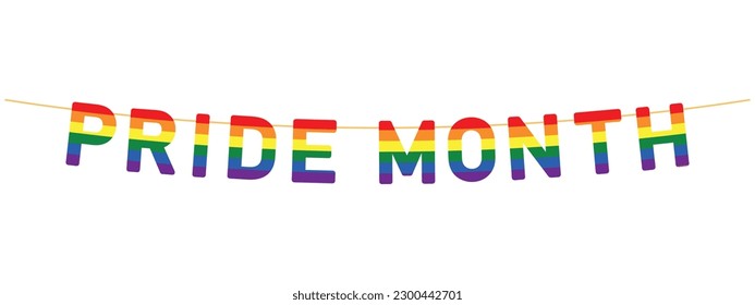 Pride Month banner, colorful garland, rainbow letters hanging on string, pride bunting with letters, vector illustration