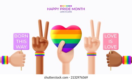 Pride month banner concept. 3d white and black show different gesture and hold rainbow heart and banners. LGBT vector illustration. Symbol of pride month isolated on white background.