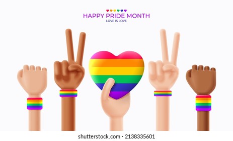Pride month banner concept. 3d white and black show different gesture and hold rainbow heart. LGBT vector illustration. Symbol of pride month isolated on white background.