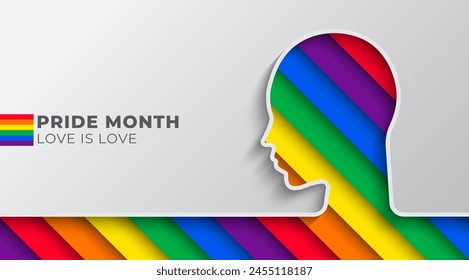 Pride Month banner concept with a head outline has LGBT pride flag. Lesbian Gay Bisexual Transgender. Symbol of pride month. Design for poster, flyer, web, banner, template. Vector Illustration