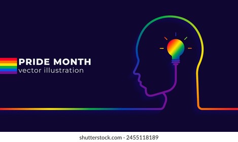 Pride Month banner concept with a head outline has LGBT pride flag. Lesbian Gay Bisexual Transgender. Symbol of pride month. Design for poster, flyer, web, banner, template. Vector Illustration