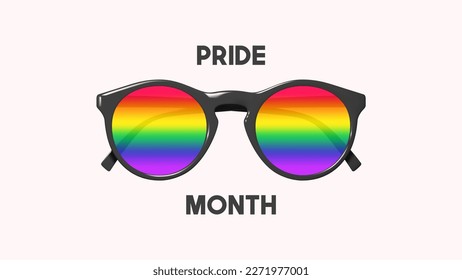 Pride month banner concept. Minimal design banner with modern black sunglasses with rainbow glass isolated on pink background. Vector illustration for Pride Month decoration. Concept of LGBTQ banner.