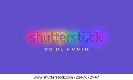 Pride month banner concept with neon hearts. Vector illustration with neon hearts in rainbow color on violet background. Symbol of pride month. Concept of LGBT promo banner.