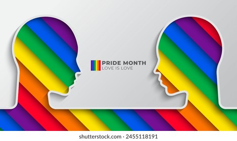 Pride Month banner concept with a two head outline has LGBT pride flag. Lesbian Gay Bisexual Transgender. Symbol of pride month. Design for poster, flyer, web, banner, template. Vector Illustration